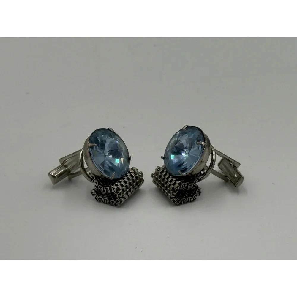 Vintage Silver-Tone Mesh Wrap Cufflinks Blue Rhinestone Round Center Mid-Century
